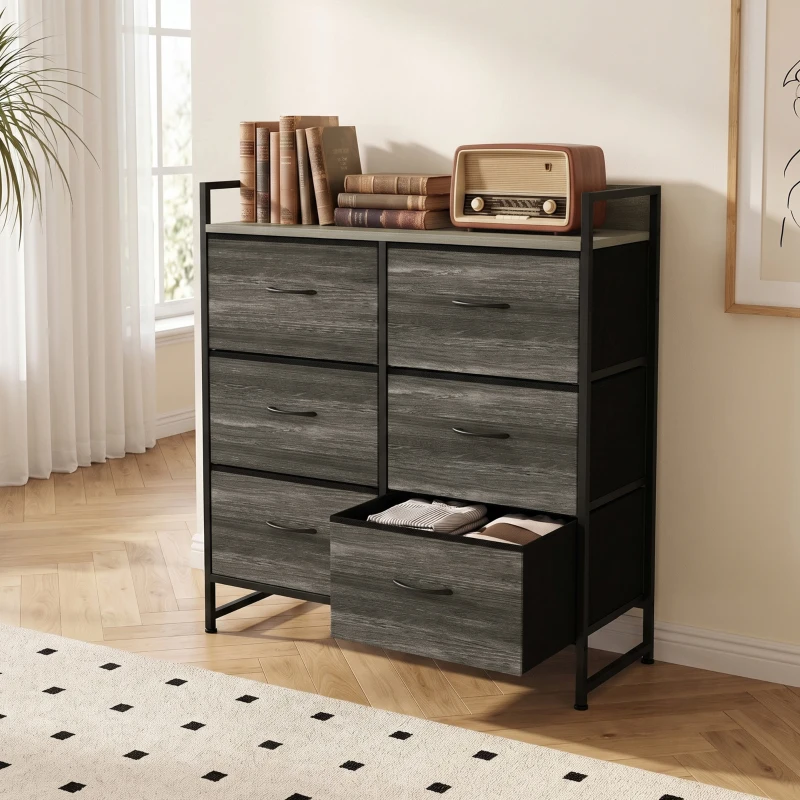 HOMCOM Cómoda con 6 Cajones Plegables Cajonera de Tela con Estructura de Acero Estilo Industrial 79x29x85 cm Gris