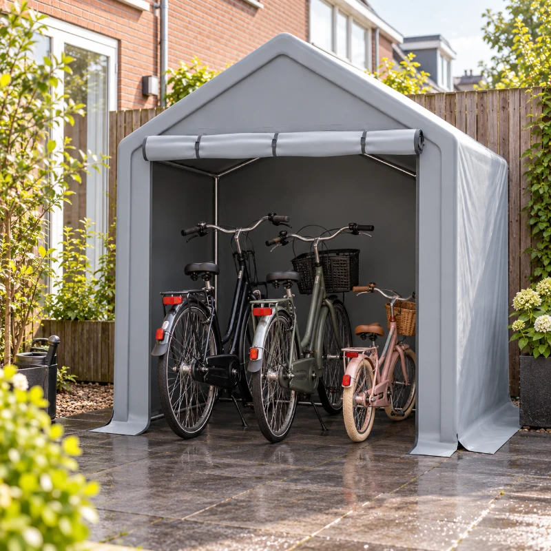 Fietsgarage met roldeur, roldeur met rits en drukknopen voor ventilatie en privacy, verzinkt stalen frame en waterdicht, 190×170×200 cm, donkergrijs