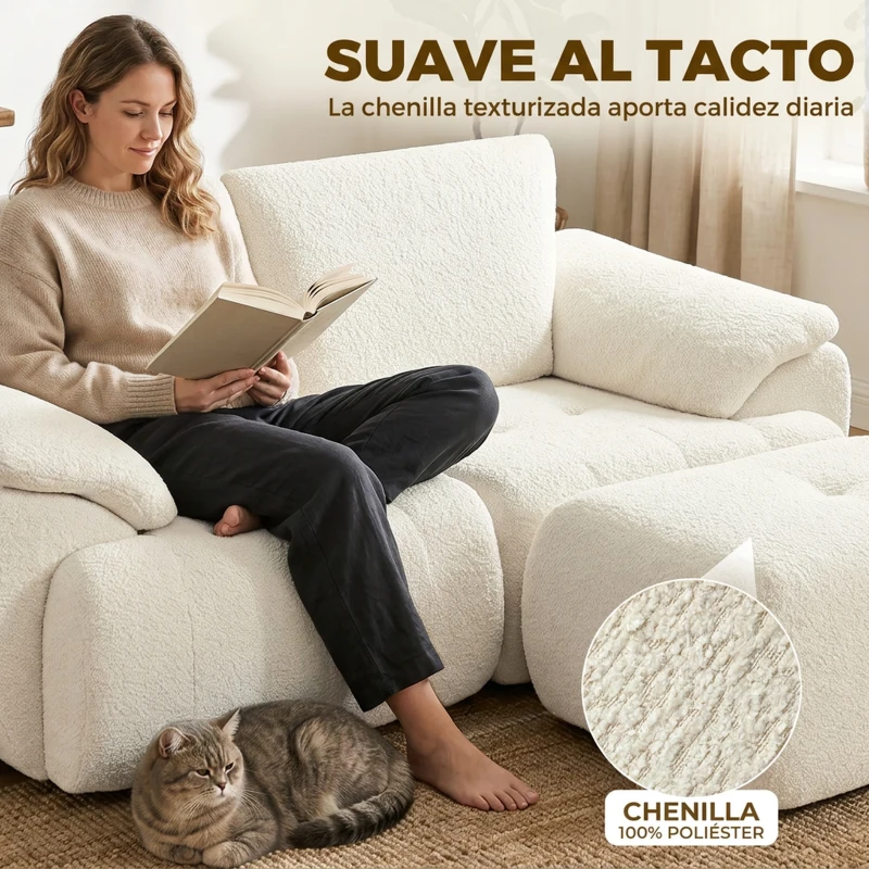 HOMCOM Sofá Modular en L de 2 Plazas con Otomana Reversible Sofá de Chenilla con Asiento Ancho No Requiere Montaje Crema