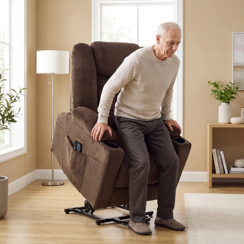 HOMCOM Sillón Relax Reclinable Eléctrico Levanta Personas Mayores con Masaje Calor Portavasos Mando Bolsillos Marrón Oscuro