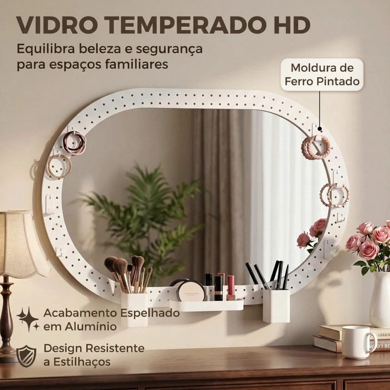 HOMCOM Espelho de Parede Decorativo com Painel Perfurado 90 x 60 cm para Sala e Quarto, Branco