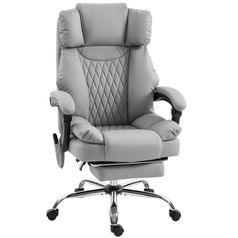 HOMCOM Sillón de Oficina Masajeador Vibrante y con Calefacción, Silla de Oficina Ergonómica en PU, Respaldo Reclinable, Reposacabezas, Gris