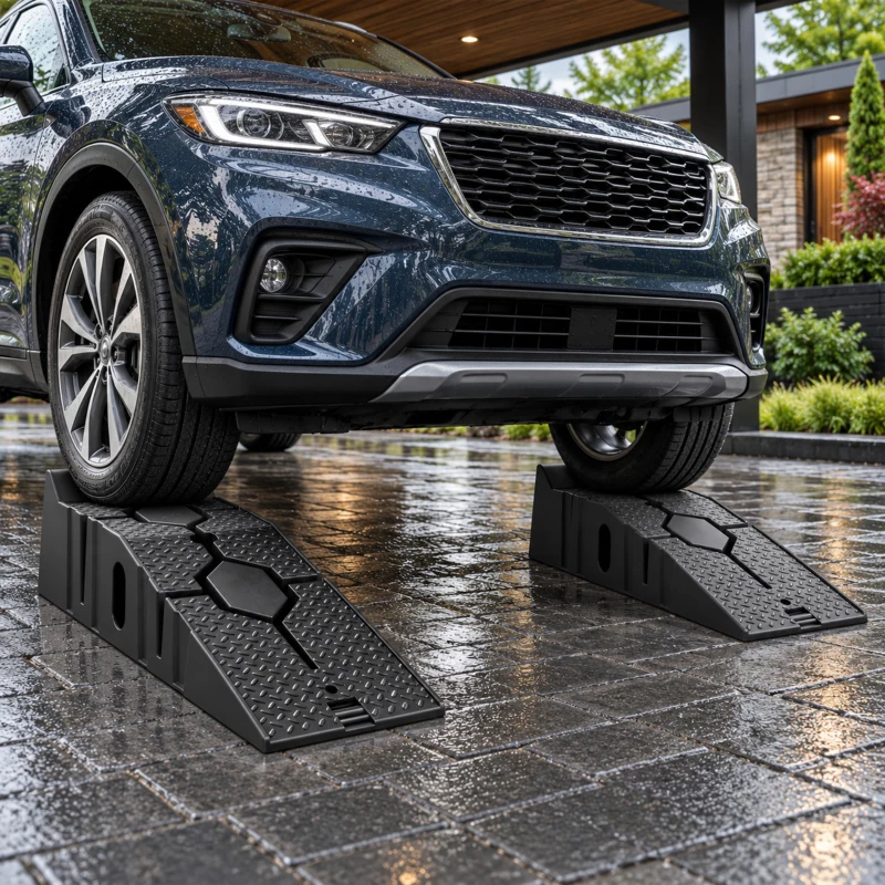 HOMCOM Lot de 2 Rampes Voiture 4T HDPE Pente Douce 90cm Rampe de Levage Butée Antidérapante Largeur 29,5cm 90x29,5x22,5cm Noir