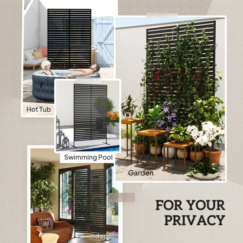 Outsunny Decorative Privacy Fence Screen, Metal Outdoor Privacy Screen Climbing Plant Trellis with Stand, 122 x 198 cm, Black