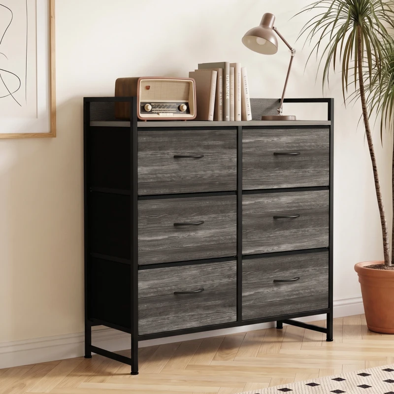 HOMCOM Cómoda con 6 Cajones Plegables Cajonera de Tela con Estructura de Acero Estilo Industrial 79x29x85 cm Gris