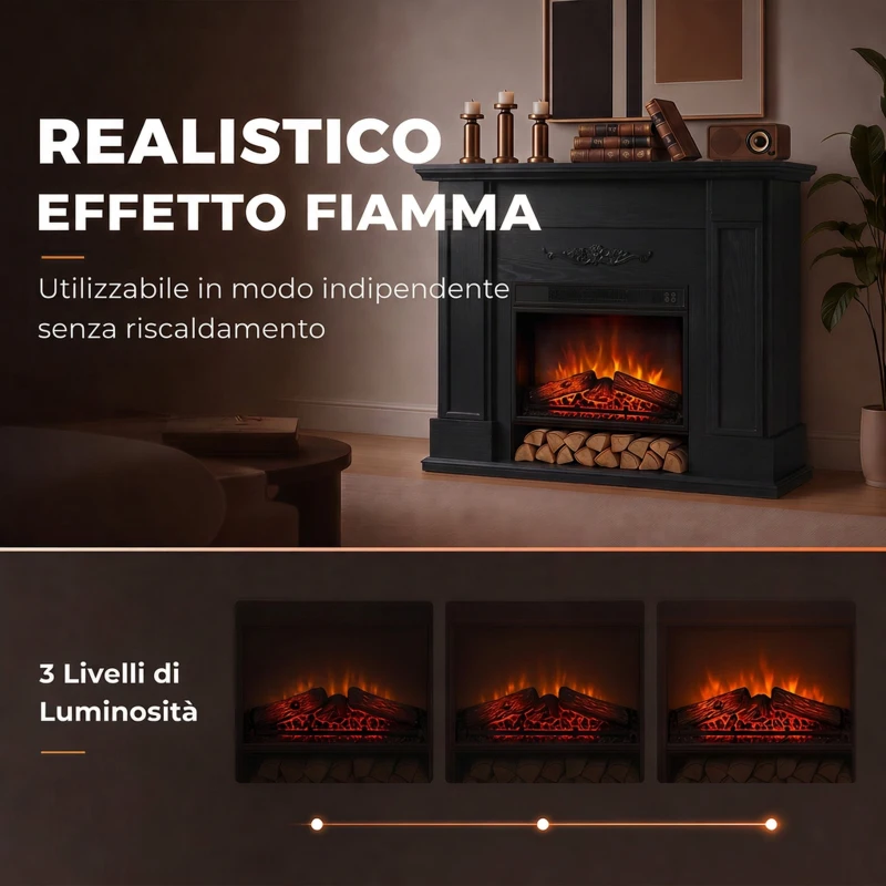 HOMCOM Camino Elettrico da Terra/Incasso con Cornice e Ripiano per TV 55'', 1800W, Effetto Fiamma 3D, Timer, Nero