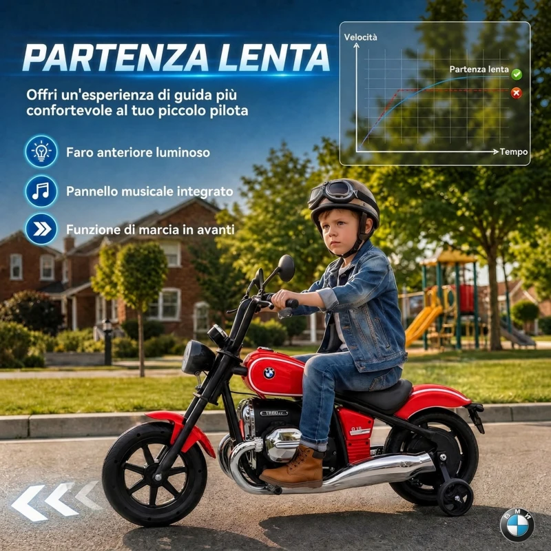AIYAPLAY Moto Elettrica per Bambini 12V BMW R18, Batteria al Litio, 3-8 Anni, Rotelle Rimovibili, Faro, Musica, Rossa