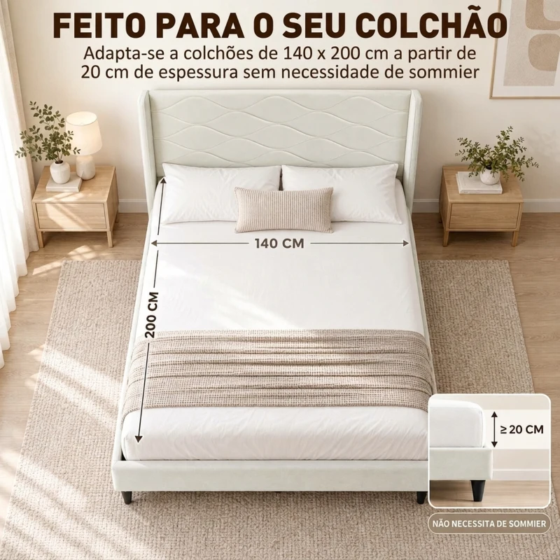 HOMCOM Cama Estofada 140x200 cm com Cabeceira Acolchoada com Abas em Veludo, Ripas de Madeira, Montagem Fácil, Bege