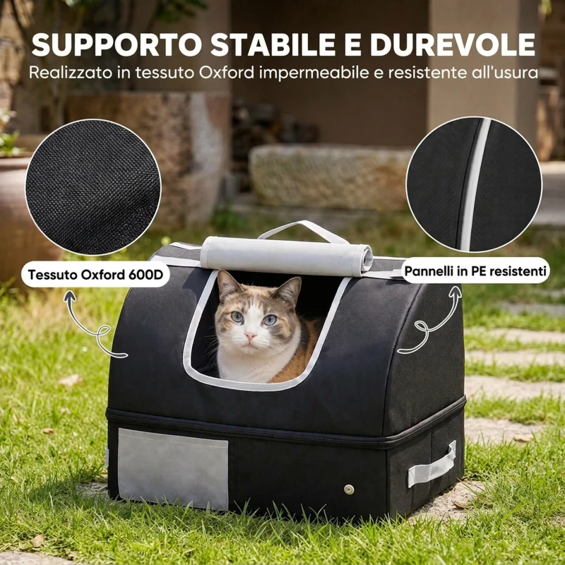 PawHut Lettiera per Gatti Portatile Pieghevole con Coperchio Rimovibile in Tessuto Oxford 600D Impermeabile, Nero