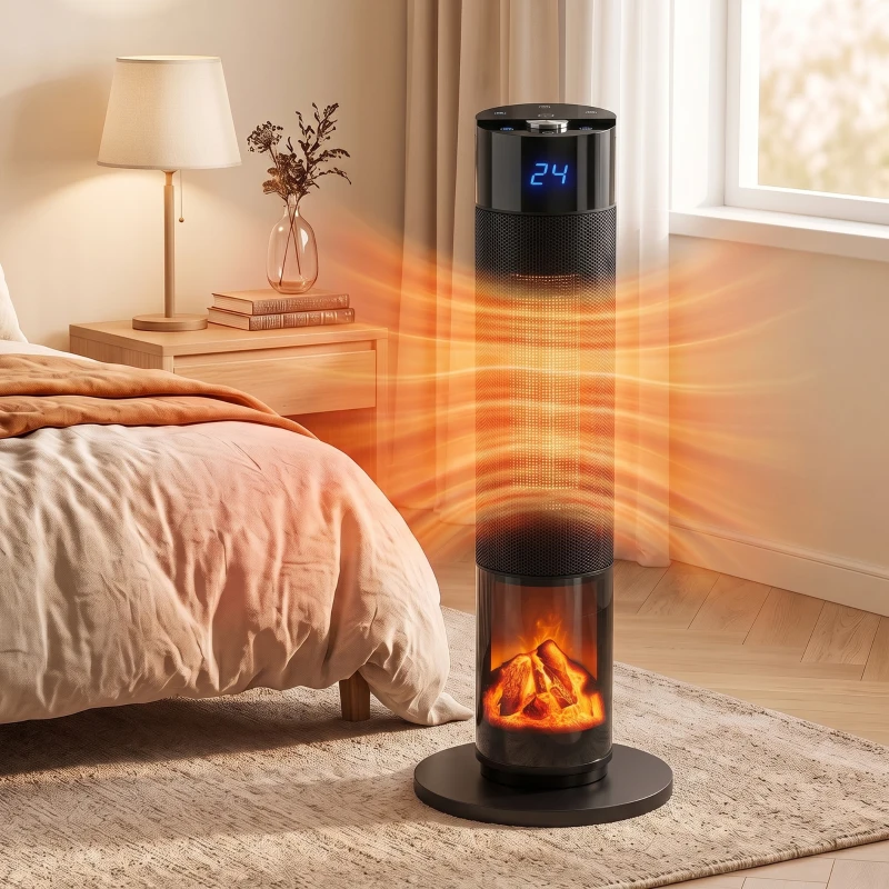 HOMCOM Calefactor Eléctrico Cerámico PTC 2000W con 5 Modos App Wi‑Fi Llama 3D Mando Protección Contra Sobrecalentamiento Negro