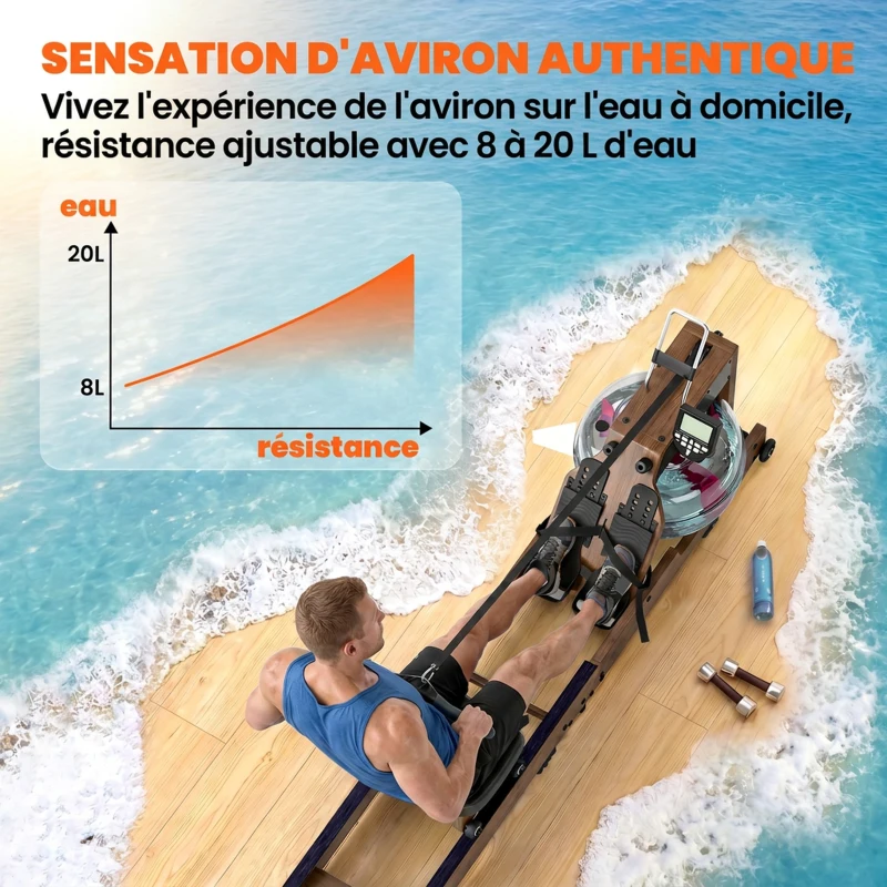 SPORTNOW Rameur à Eau Rameur Appartement Pliable Double Rail Capacité 158kg Connexion Bluetooth 182x42x67cm Chêne