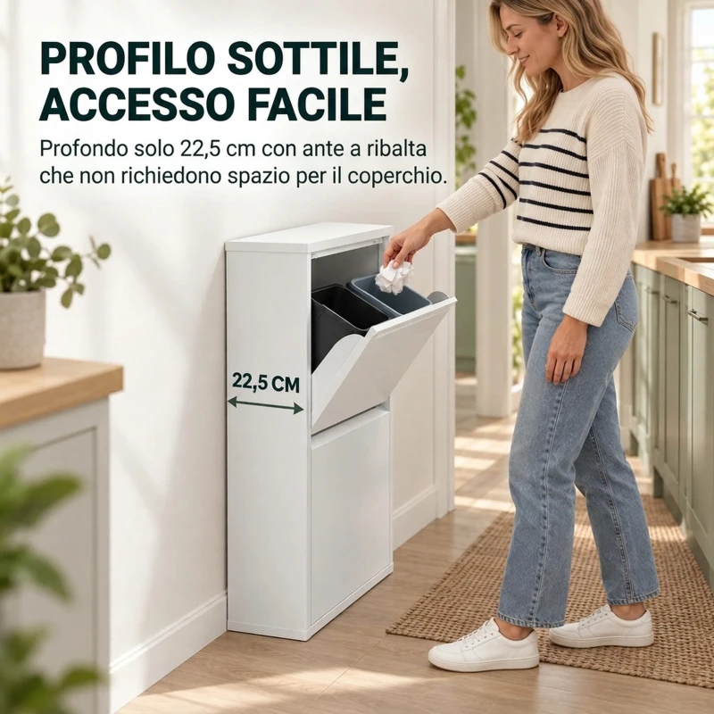 HOMCOM Pattumiera Differenziata a Ribalta 4x15L in Acciaio, 4 Secchi Rimovibili, Chiusura Ammortizzata, Bianco