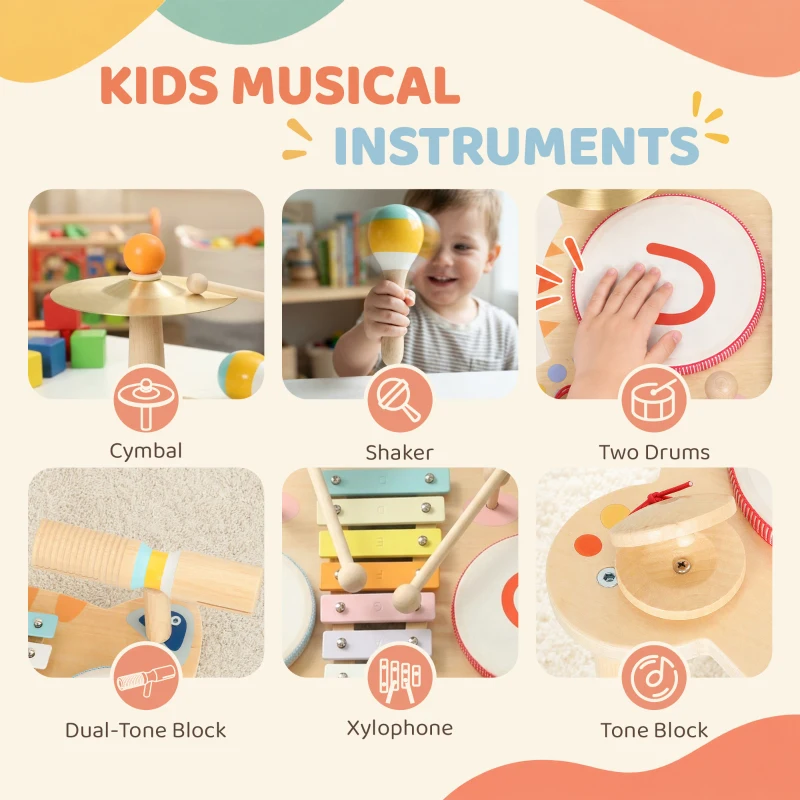 AIYAPLAY Kids Drum Kit, Wooden Musical Instruments with Xylophone, 2 Drums, Cymbal, Shaker, Wood Block, Gift for 18 M-6 Years