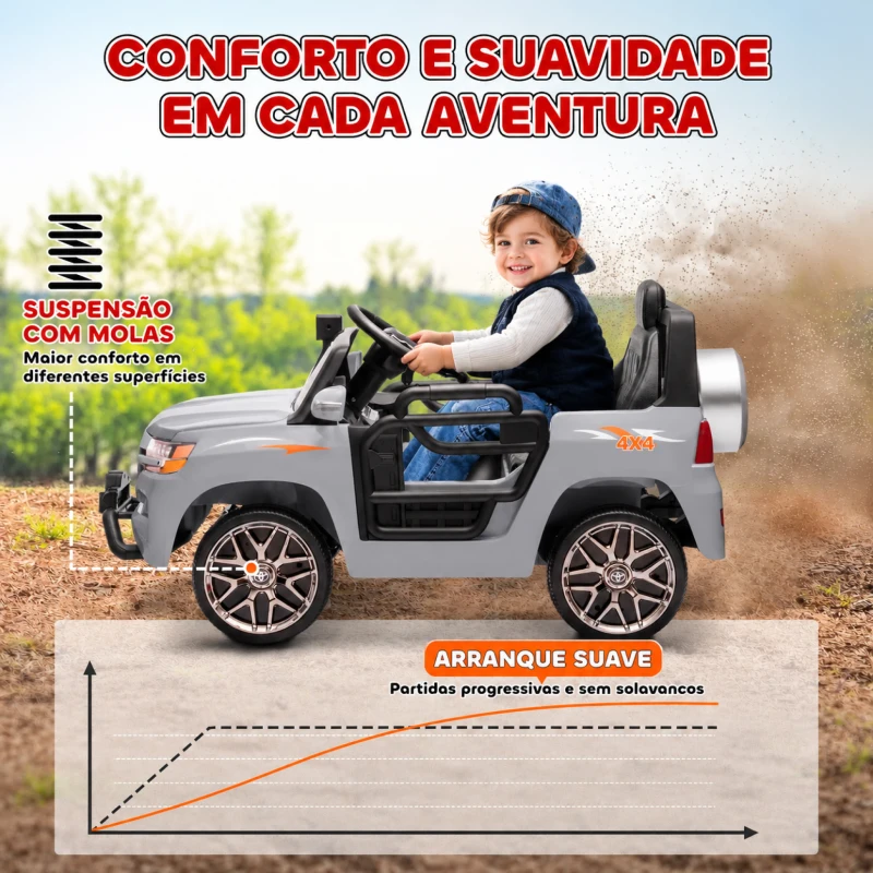 AIYAPLAY Carro Elétrico para Crianças Toyota Land Cruiser 12V com Faróis Buzina Arranque Lento e Música MP3 107x65x55,5 cm Cinza