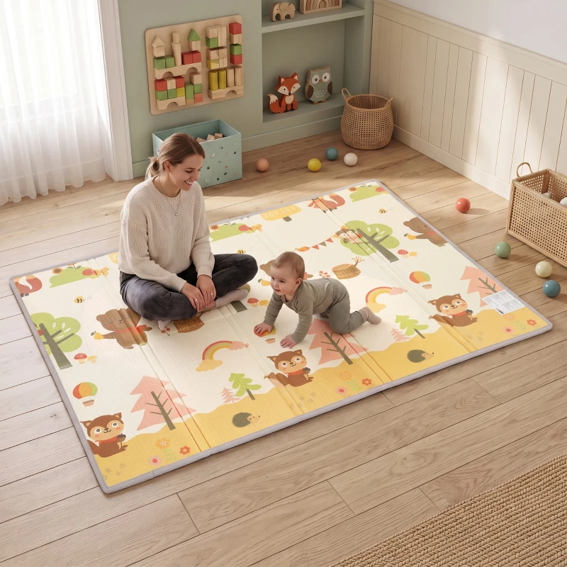AIYAPLAY Tapete Infantil Dobrável e Reversível 200x150 cm Antiderrapante e Impermeável, Design Árvore e Floresta