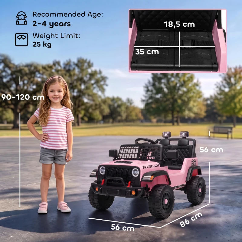 AIYAPLAY Fuoristrada Elettrica per Bambini 12V, Batteria al Litio, 2 Motori, Sospensioni, Telecomando, 2-4 Anni, Rosa