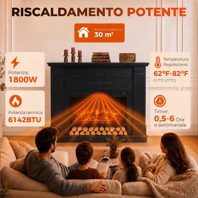 HOMCOM Camino Elettrico da Terra/Incasso con Cornice e Ripiano per TV 55'', 1800W, Effetto Fiamma 3D, Timer, Nero