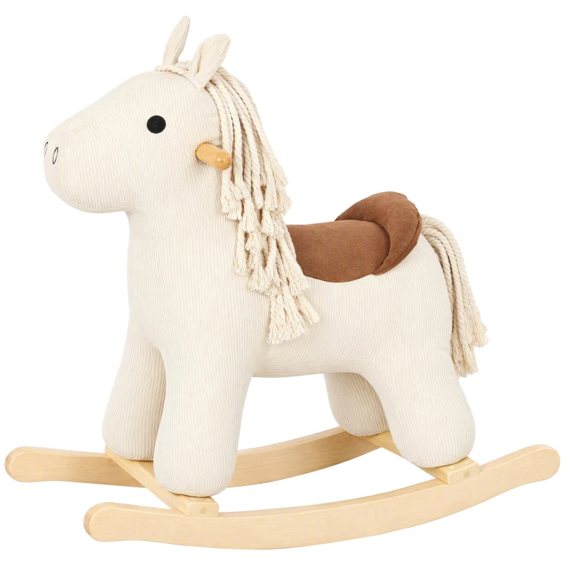 AIYAPLAY Cavallo a Dondolo per Bambini 18-36 Mesi in Velluto a Coste con Suoni e Base in Legno di Pioppo, Bianco