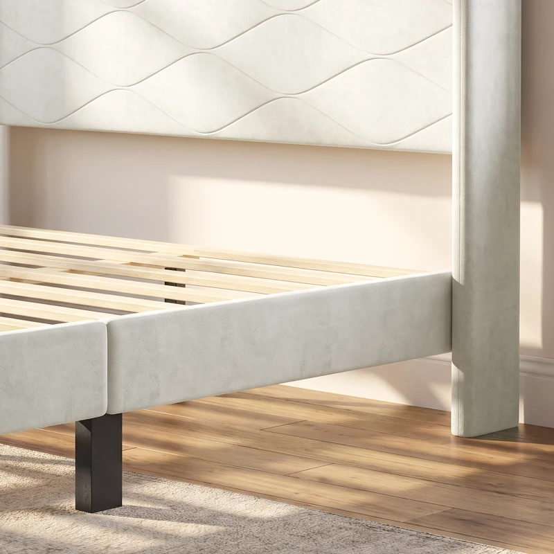 HOMCOM Cama Estofada 140x200 cm com Cabeceira Acolchoada com Abas em Veludo, Ripas de Madeira, Montagem Fácil, Bege
