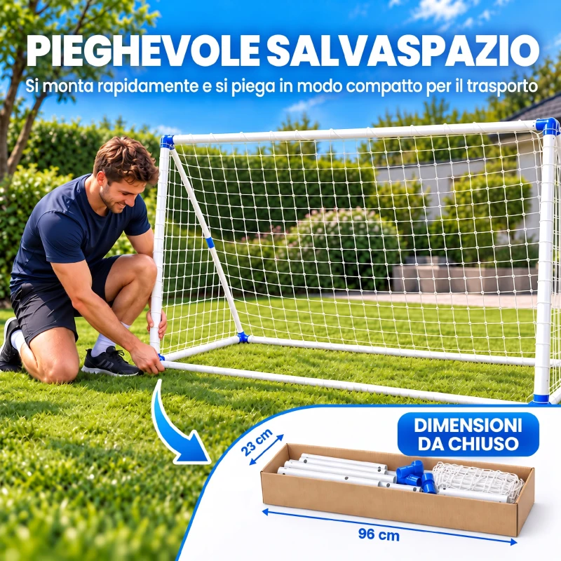 SPORTNOW Porta da Calcio Pieghevole con Pompa, Picchetti e Pallone 183 x 96 x 130 cm, Bianca