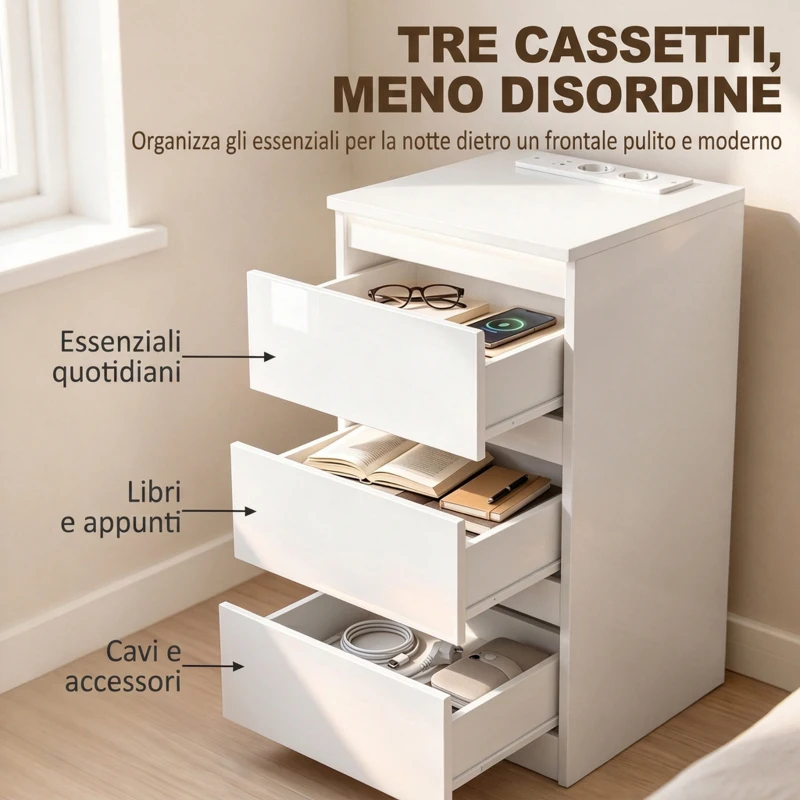 HOMCOM Set di 2 Comodini Stretti con Stazione di Ricarica e 3 Cassetti, Bianco Lucido