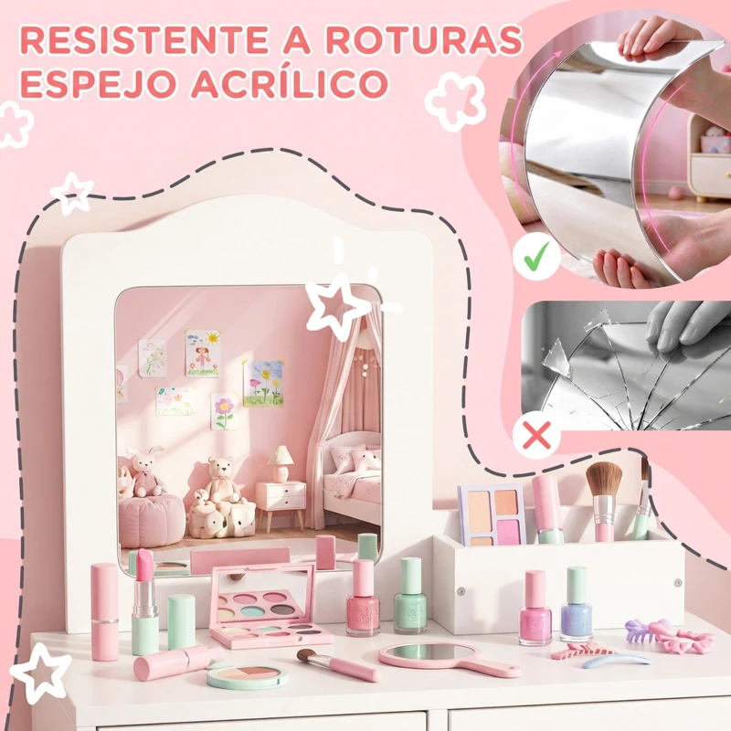 ZONEKIZ Tocador de Madera Infantil con Taburete y Espejo Centro de Belleza con 2 Cajones para 3-6 Años 60x40x95cm Blanco