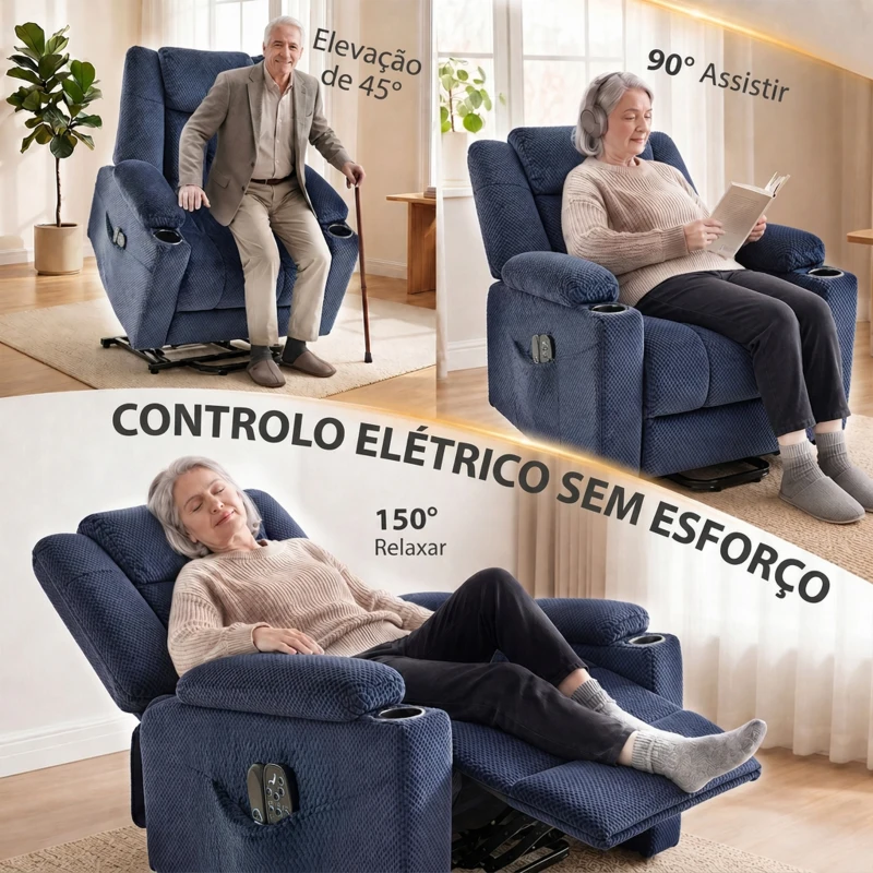 HOMCOM Poltrona Relax Reclinável Elétrica Elevatória para Idosos com Massagem, Calor, Porta-Copos, Comando e Bolsos Azul-Escuro