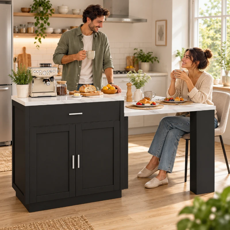 Keukeneiland met uitschuifbare eettafel voor 2–6 personen, geïntegreerde stekkerdoos en 2 USB-poorten, 2 lades, 211×55×89,5 cm, zwart