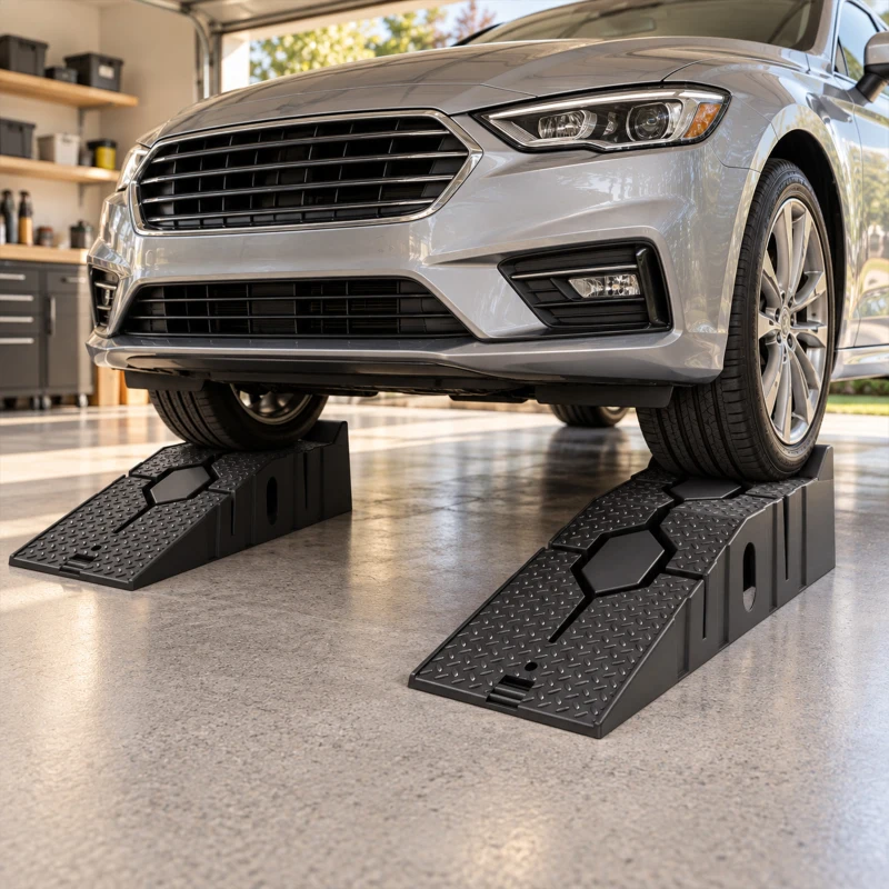 HOMCOM Lot de 2 Rampes Voiture 4T HDPE Pente Douce 90cm Rampe de Levage Butée Antidérapante Largeur 29,5cm 90x29,5x22,5cm Noir