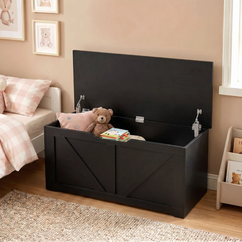 HOMCOM Cassapanca Contenitore 100 cm con 2 Cerniere di Sicurezza, Nero Effetto Legno