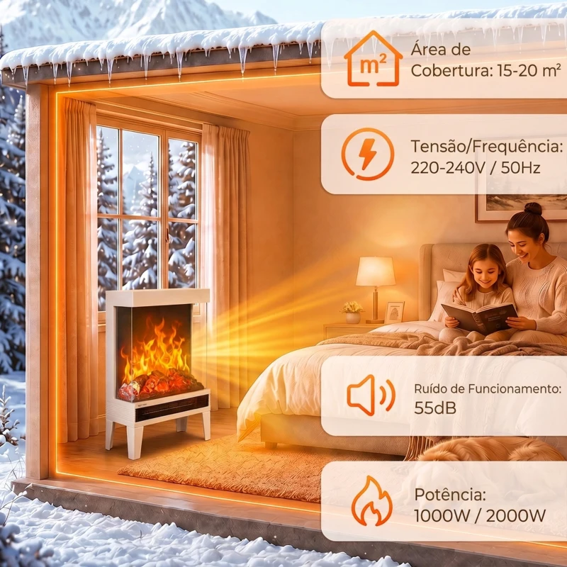 HOMCOM Lareira Elétrica 1000/2000 W com Chama LED Ajustável, até 15-20 m², 40,5 x 20 x 62 cm, Branca