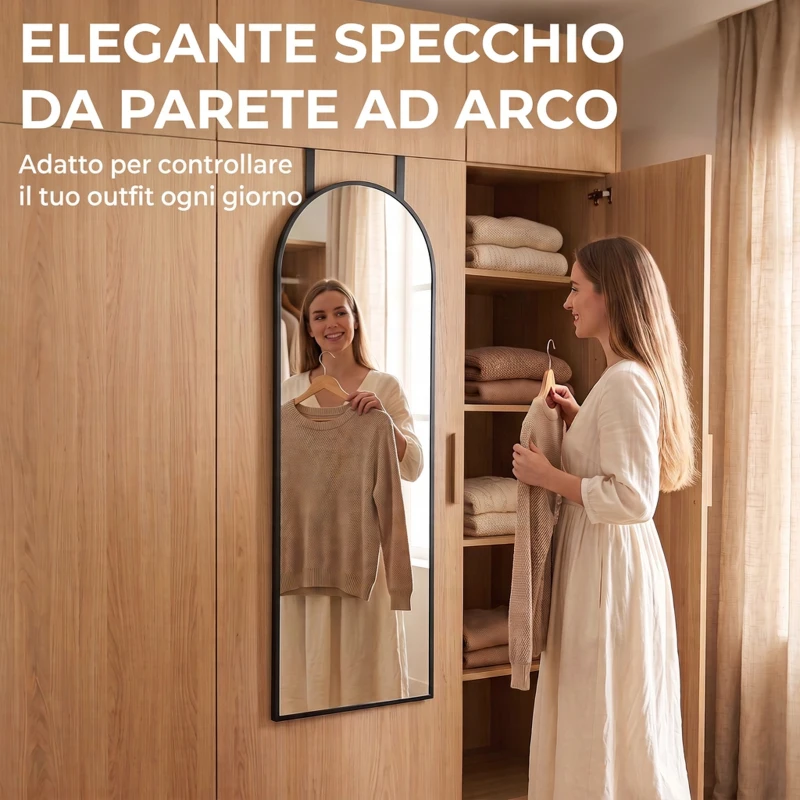 HOMCOM Specchio da Parete e Porta con Cornice in Alluminio ad Arco e Ganci, 110x40 cm, Nero