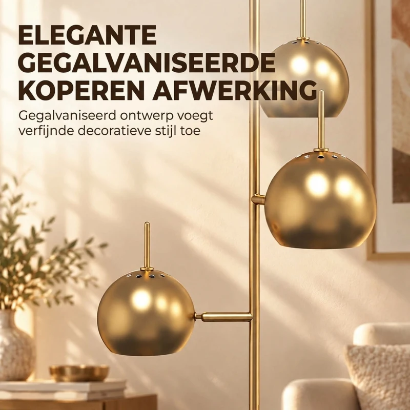 HOMCOM 350° verstelbare vloerlamp voor woonkamer en kantoor, staande lamp met 3 stalen kappen, goudkleurig