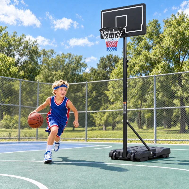 AIYAPLAY Cesto de Basquetebol Infantil com Suporte, Altura Regulável 179-209 cm, com Rodas, Interior/Exterior, 3-8 Anos, Preto