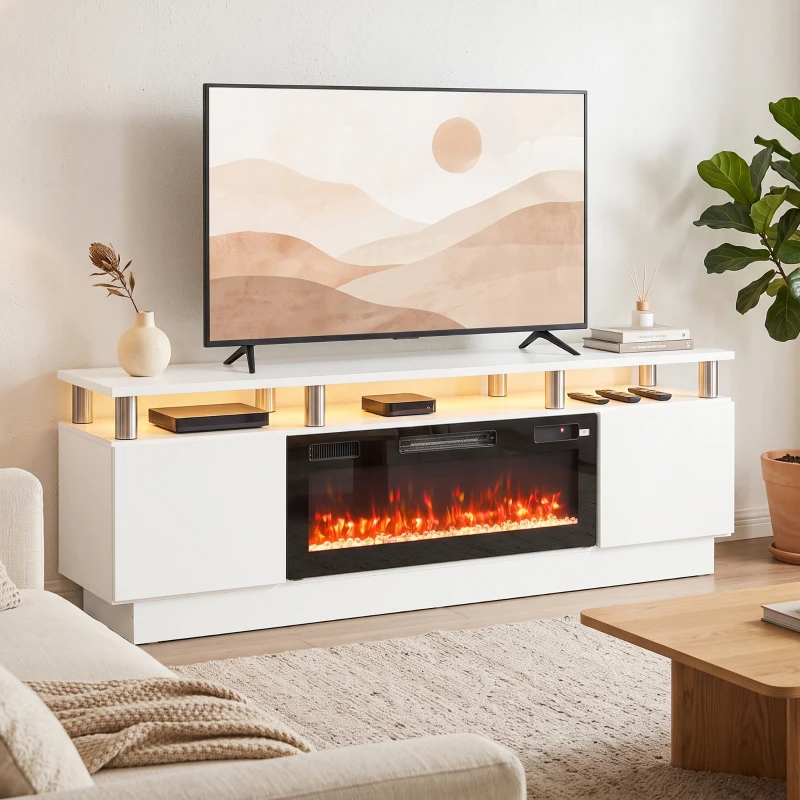 HOMCOM Electric Fireplace TV Stand for 80" TVs, 1800W LED Light Entertainment Center with Adjustable Flame, Remote, White