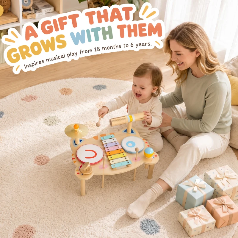 AIYAPLAY Kids Drum Kit, Wooden Musical Instruments with Xylophone, 2 Drums, Cymbal, Shaker, Wood Block, Gift for 18 M-6 Years