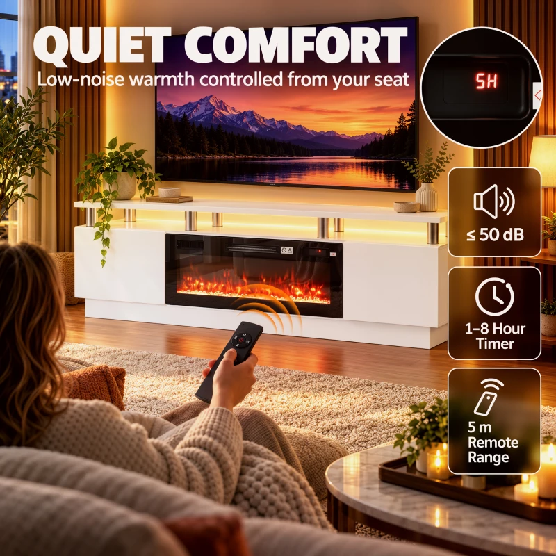 HOMCOM Electric Fireplace TV Stand for 80" TVs, 1800W LED Light Entertainment Center with Adjustable Flame, Remote, White