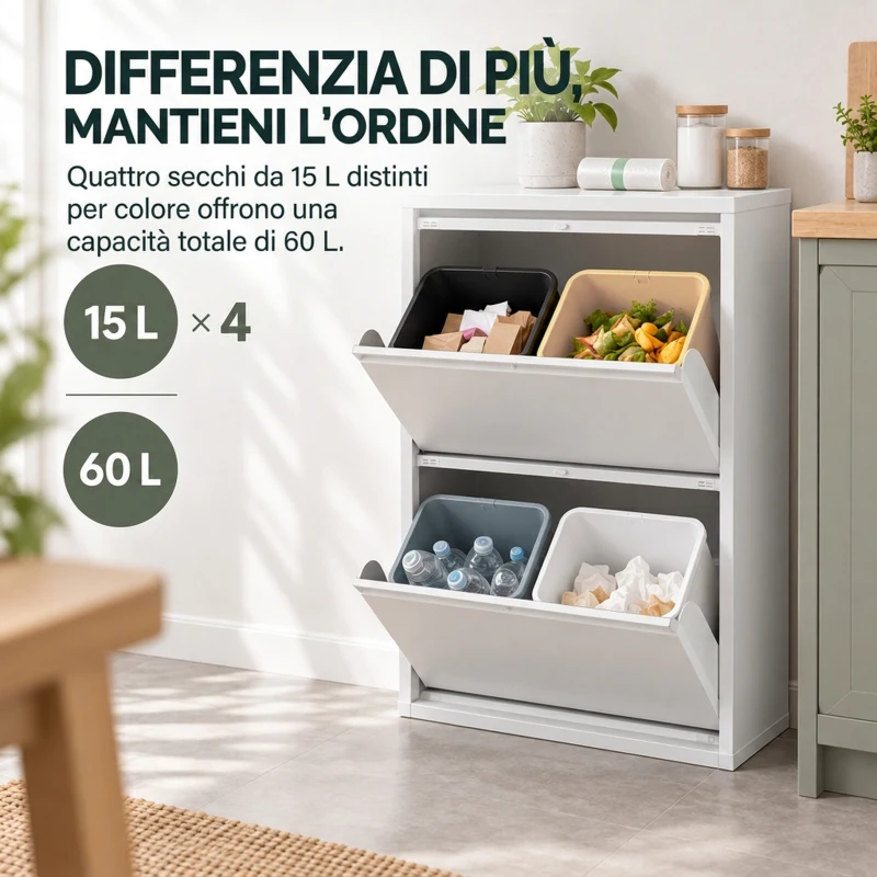 HOMCOM Pattumiera Differenziata a Ribalta 4x15L in Acciaio, 4 Secchi Rimovibili, Chiusura Ammortizzata, Bianco