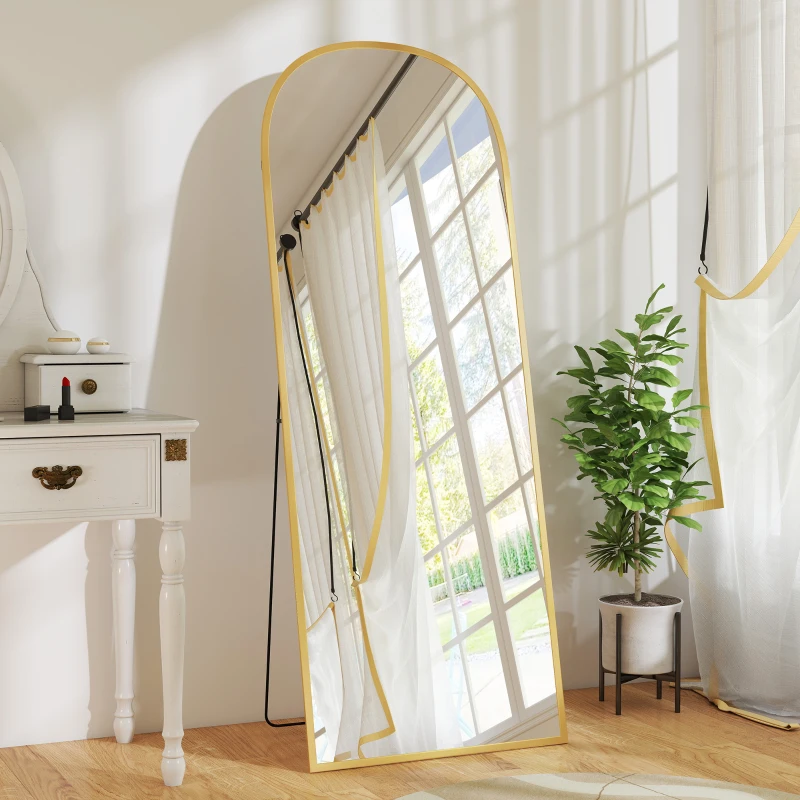HOMCOM Oglindă Modernă de Podea și Perete din Aliaj de Aluminiu cu Suport Pliabil, 59 x 161,5 cm, Auriu