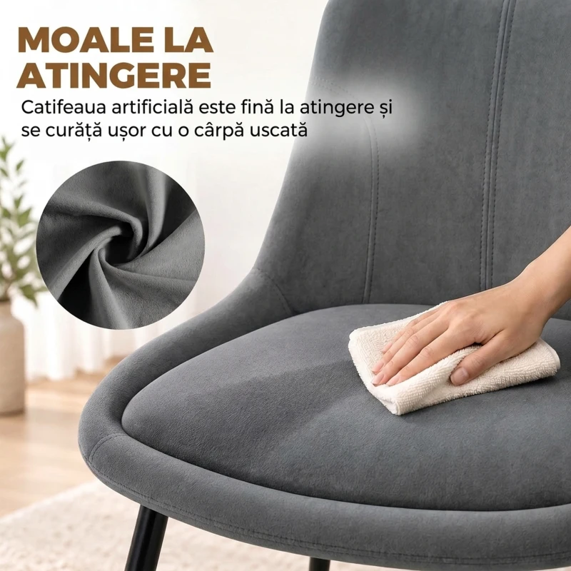 HOMCOM Set 2 Scaune de Dining din Catifea pentru Bucătărie, Gri Închis