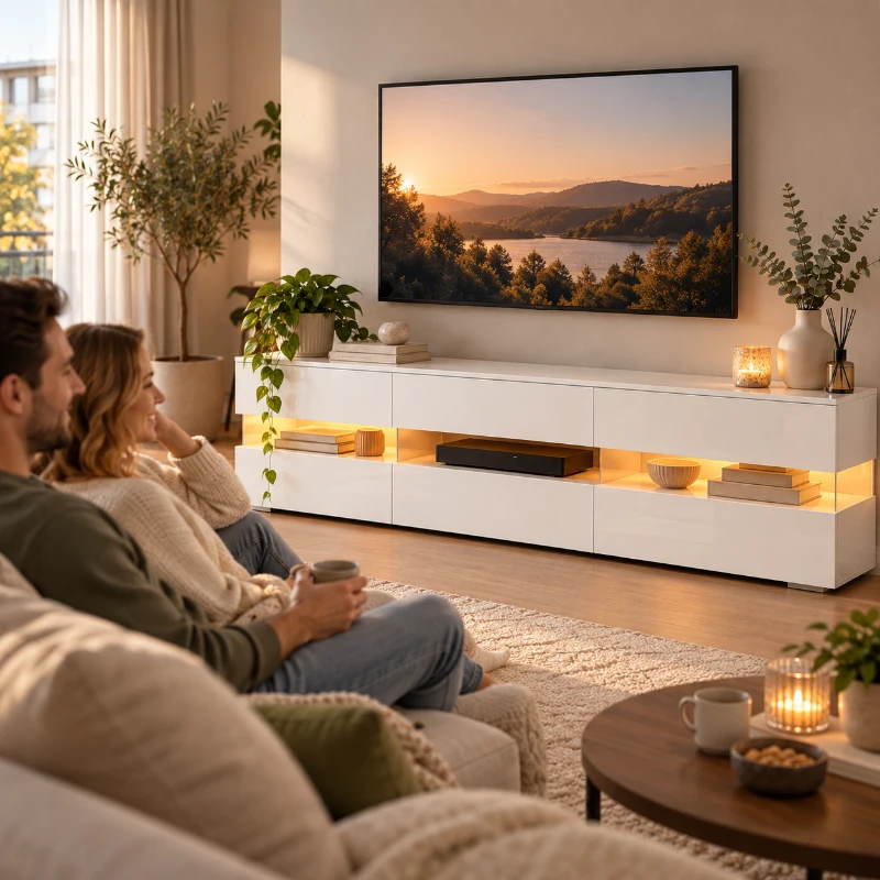 Modern hoogglans TV-meubel met LED-verlichting, opbergruimte met 2 deuren, 1 lade en open vak, acrylglasinzet en drukopeningen, 160×39×45 cm, wit