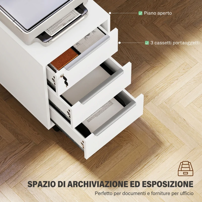 HOMCOM Schedario da Ufficio con 3 Cassetti, 4 Ruote, Cassettiera Ufficio con Serratura e 2 Chiavi, Bianco