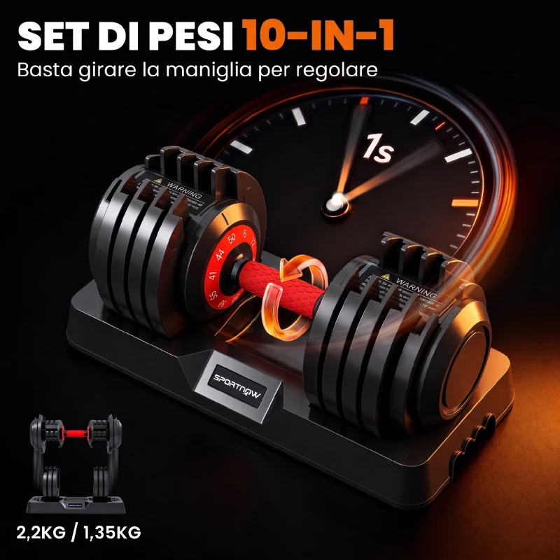 SPORTNOW Set di Manubri Regolabili da 48 kg, 5 in 1 con Sistema Quick-Dial e Blocco di Sicurezza