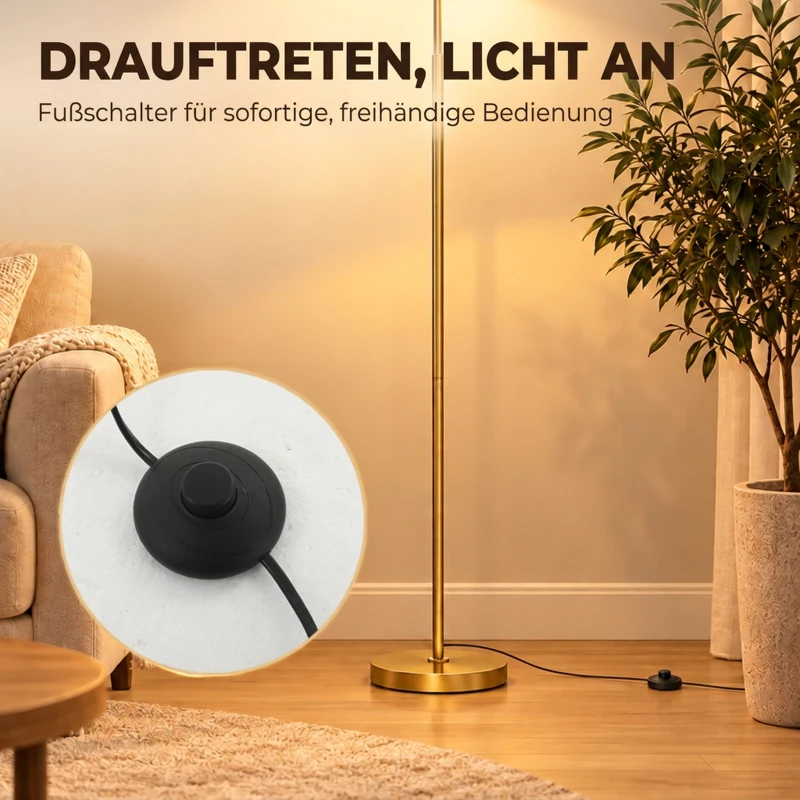 HOMCOM Stehlampe 350° verstellbar für Wohnzimmer und Büro Stehleuchte mit 3 Schirmen aus Stahl Gold