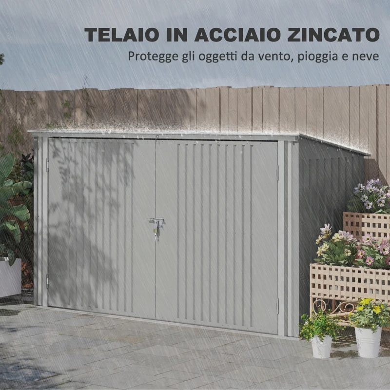 Outsunny Copribidoni in Acciaio per 3 Cassonetti da 240L con 2 Porte e Coperchio, 233x105x118.5/133 cm, Argento