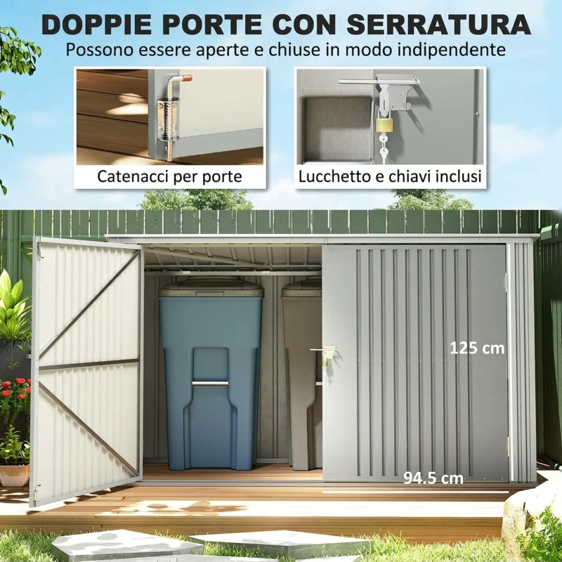 Outsunny Copribidoni in Acciaio per 3 Cassonetti da 240L con 2 Porte e Coperchio, 233x105x118.5/133 cm, Argento