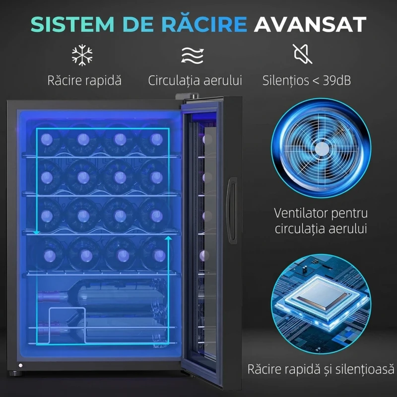 HOMCOM Cantină Frigorifică pentru 20 de Sticle, Capacitate 53L, Ușă Anti-UV și Rafturi Reglabile, Negru