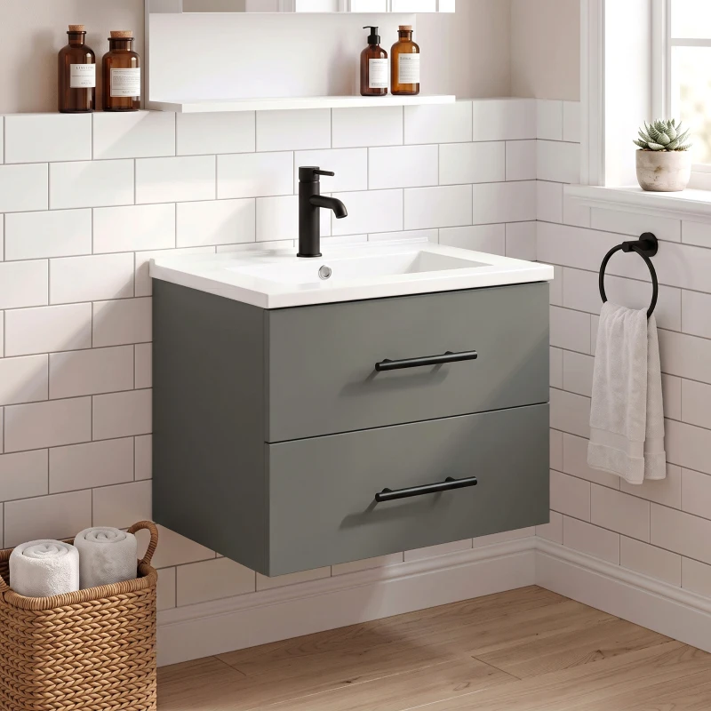 HOMCOM Mobile Bagno con Lavabo in Ceramica e 2 Cassetti, 61x40x48 cm, Verde