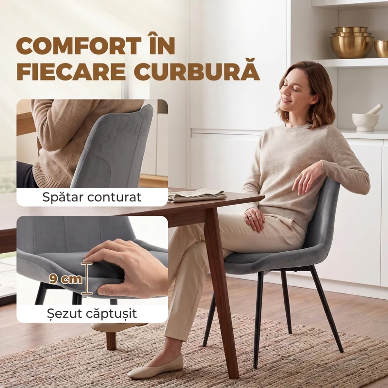 HOMCOM Set 2 Scaune de Dining din Catifea pentru Bucătărie, Gri Închis