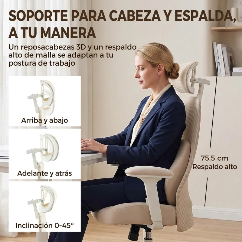 HOMCOM Silla de Escritorio Ergonómica Cojín Lumbar de Espuma Viscoelástica Reposacabezas 3D Reposabrazos Ajustables Beige